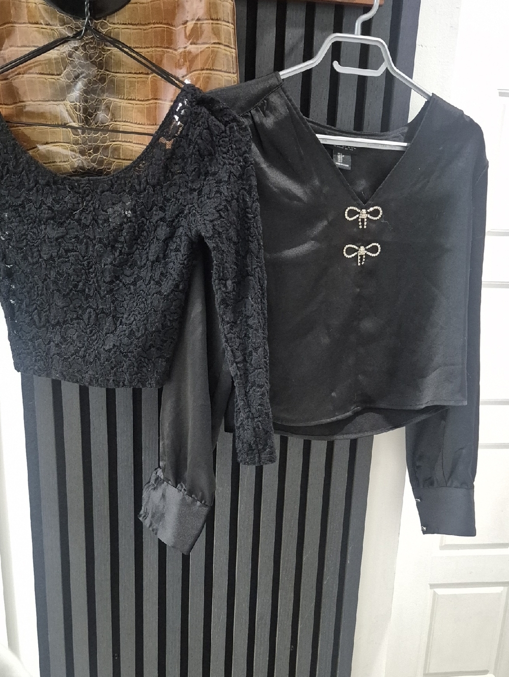 Rachel Zoe Black Satin V-Neck Blouse & Black Lace Cropped Top